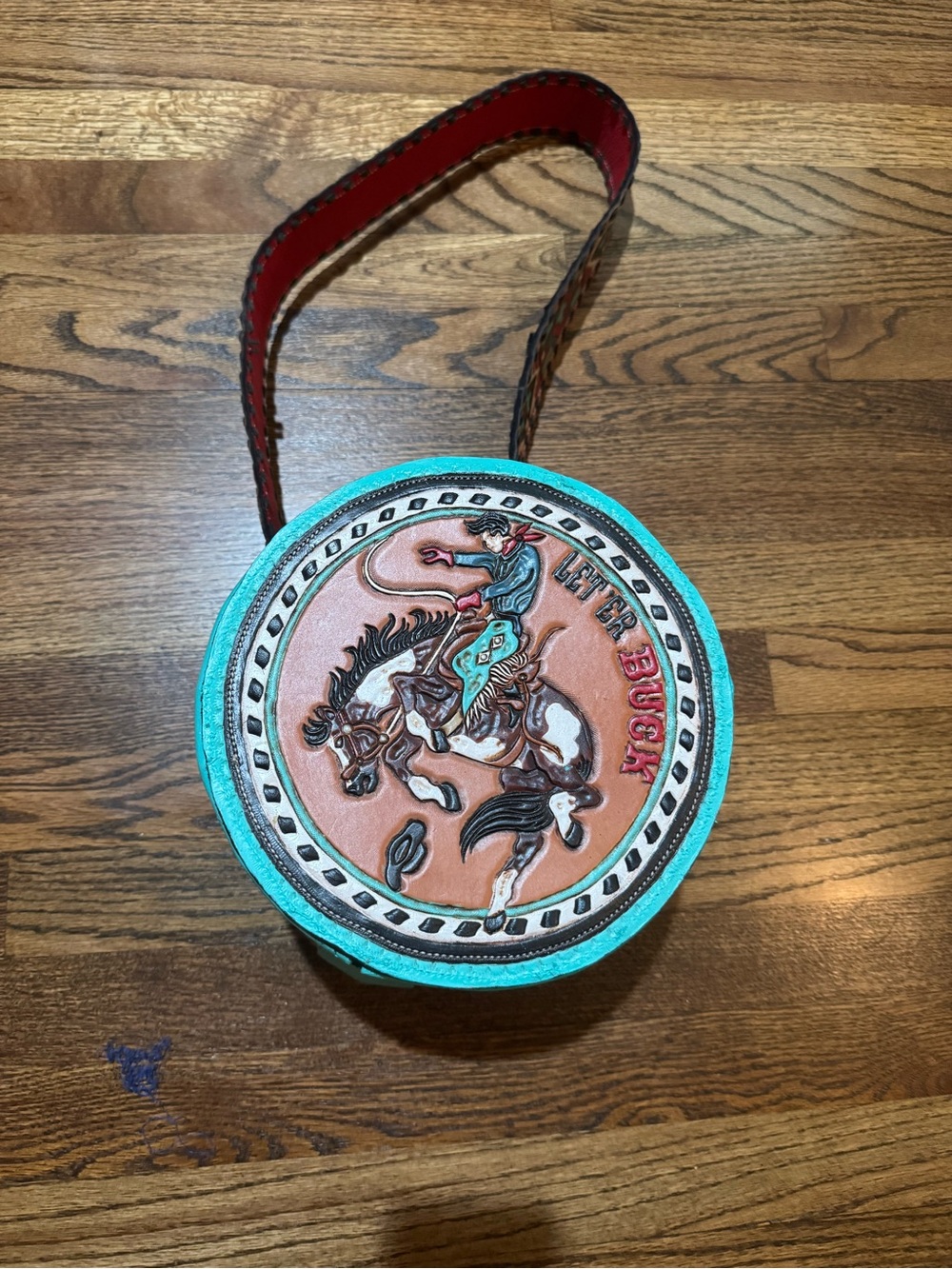 Handmade Turquoise Round Leather Crossbody Bag with Rodeo Motif